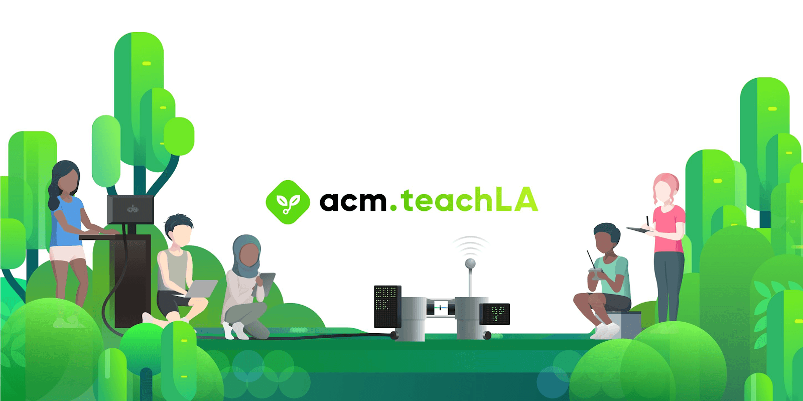 a banner for ACM Teach LA with a diverse cast of different computer science students