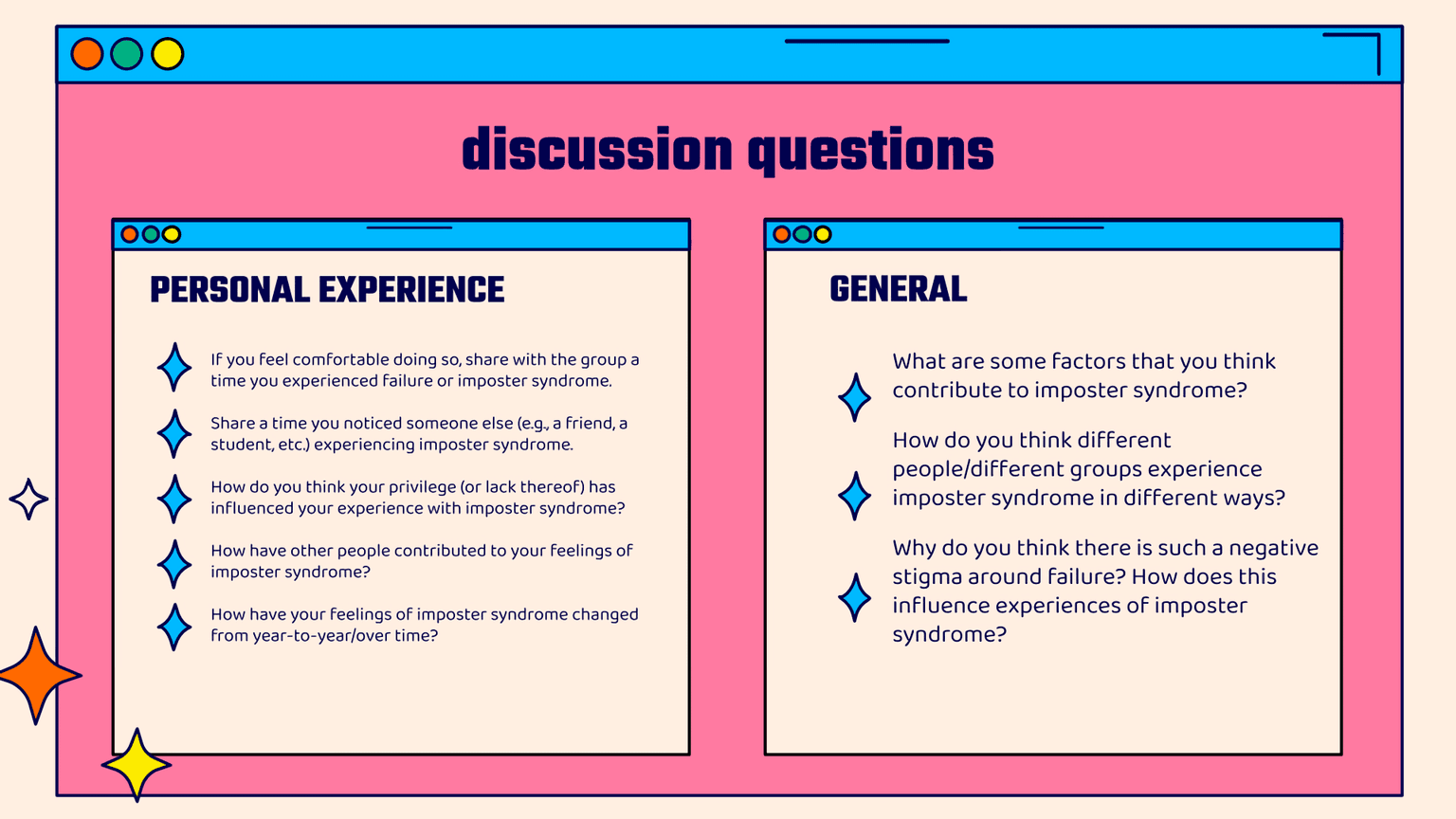 a slide of discussion questions for Teach LA's impostor syndrome workshop!